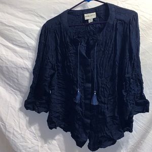 navy blouse with tassel ties